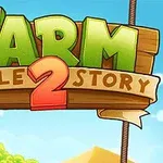 Imaginea arată un logo colorat cu textul Farm Puzzle Story 2 pe un fundal de fermă animată