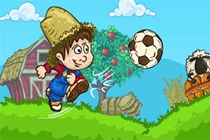 Băiat desenat animat poartă o pălărie de paie și dă cu piciorul într-o minge de fotbal pe o pajiște, cu un hambar, un pom plin de mere și o oaie alături