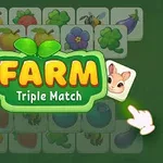 Elemente grafice cu fructe, legume și animale pe fundal verde, cu titlul Farm Triple Match evidențiat central