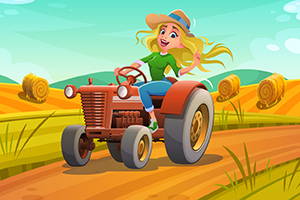 Femeie blondă conducând un tractor roșu pe un drum de țară, înconjurată de peisaj rural cu baloți de paie