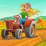 Femeie blondă conducând un tractor roșu pe un drum de țară, înconjurată de peisaj rural cu baloți de paie