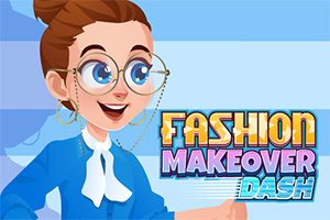 Femeie zâmbitoare cu ochelari mari și coc, îmbrăcată în albastru, lângă textul „Fashion Makeover Dash