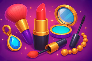 Elemente de machiaj colorate, inclusiv un ruj roșu, o pensulă, fard de pleoape, un rimel și accesorii decorative pe un fundal violet