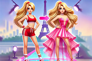 Două personaje feminine cu păr lung și blond, una în ținută sport roșie și cealaltă în rochie elegantă roz, pe un fundal urban cu Turnul Eiffel