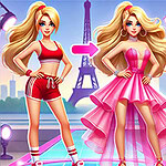 Două personaje feminine cu păr lung și blond, una în ținută sport roșie și cealaltă în rochie elegantă roz, pe un fundal urban cu Turnul Eiffel
