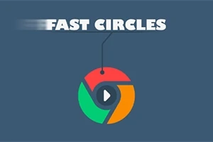Textul „FAST CIRCLES” deasupra unui logo abstract în cercuri colorate cu un triunghi de redare în centru, pe un fundal albastru