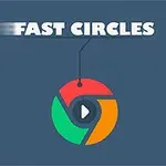 Textul „FAST CIRCLES” deasupra unui logo abstract în cercuri colorate cu un triunghi de redare în centru, pe un fundal albastru