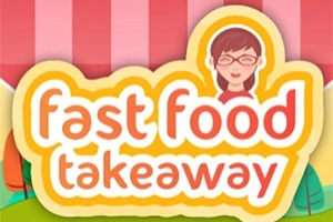 Elemente grafice colorate cu textul fast food takeaway și o ilustrație a unei persoane cu ochelari pe fundal roz cu dungi