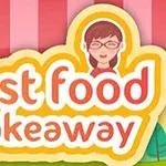 Elemente grafice colorate cu textul fast food takeaway și o ilustrație a unei persoane cu ochelari pe fundal roz cu dungi