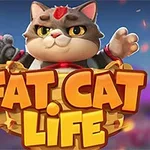 Pisică desen animat în coș, cu textul Fat Cat Life în față