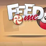 Textul Feed Me cu un design colorat și un personaj rotund roșu privindu-se pe furiș