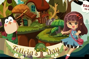 Fată anime și bufniță în fața unei cabane pitorești, cu textul Felicias Day