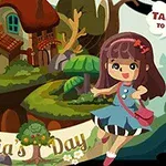 Fată anime și bufniță în fața unei cabane pitorești, cu textul Felicias Day