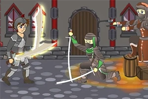 Un cavaler într-o bătălie cu doi luptători ninja pe o stradă de piatră, cu o clădire medievală în fundal