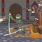 Un cavaler într-o bătălie cu doi luptători ninja pe o stradă de piatră, cu o clădire medievală în fundal