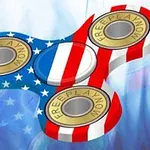 Spinner fidget cu design inspirat de steagul american, având inscripția FREEPLAYNOW pe butoane