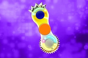 Un obiect colorat cu forme circulare și margini zimțate pe un fundal violet