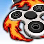 Spinner metalic cu trei brațe, înconjurat de flăcări portocalii
