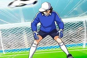 Un portar animat pregătit să apere un șut, lângă o poartă de fotbal, cu o minge în aer