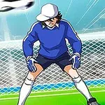 Un portar animat pregătit să apere un șut, lângă o poartă de fotbal, cu o minge în aer