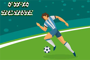 Ilustrație cu un jucător de fotbal animat alergând pe teren cu o minge de fotbal