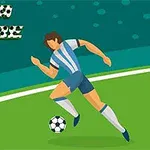 Ilustrație cu un jucător de fotbal animat alergând pe teren cu o minge de fotbal
