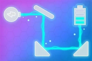 Ilustrație cu un circuit electric stilizat pe un fundal colorat, având o baterie, un bec și linii de energie de culoare albastră