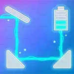 Ilustrație cu un circuit electric stilizat pe un fundal colorat, având o baterie, un bec și linii de energie de culoare albastră