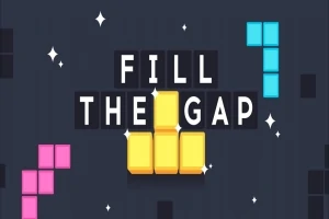 Textul FILL THE GAP pe un fundal întunecat, înconjurat de forme geometrice colorate, inclusiv blocuri roz și albastre