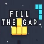 Textul FILL THE GAP pe un fundal întunecat, înconjurat de forme geometrice colorate, inclusiv blocuri roz și albastre