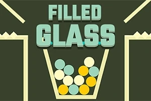 Un pahar plin cu bile colorate de diverse nuanțe, sub un titlu din cuvintele FILLED GLASS pe un fundal verde închis