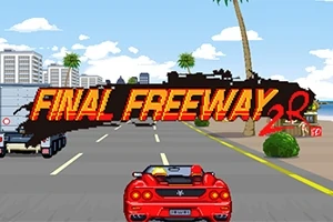 Mașină sport roșie pe autostradă cu palmieri și clădiri în fundal, având text mare pe ecran Final Freeway 2R