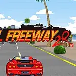 Mașină sport roșie pe autostradă cu palmieri și clădiri în fundal, având text mare pe ecran Final Freeway 2R