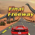 Mașină roșie pe un drum în deșert cu dinozauri și cer înnorat în fundal, cu titlul Final Freeway deasupra