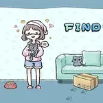 O fată somnoroasă ținând în brațe o pisică, cu un altă pisică pe canapea și un bol de mâncare și o cutie de carton pe podea