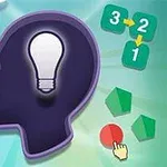 Siluetă de cap cu un bec în interior, înconjurată de simboluri matematice și geometrice colorate pe fundal
