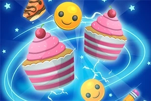Emoji-uri fericite și brioșe roz cu vișine, înconjurate de fulgere albastre și stele pe un fundal albastru