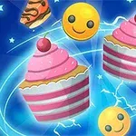 Emoji-uri fericite și brioșe roz cu vișine, înconjurate de fulgere albastre și stele pe un fundal albastru