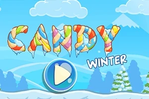 Textul Candy Winter cu litere colorate și elemente de iarnă pe un fundal de peisaj montan cu zăpadă și copaci