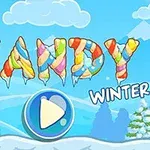 Textul Candy Winter cu litere colorate și elemente de iarnă pe un fundal de peisaj montan cu zăpadă și copaci