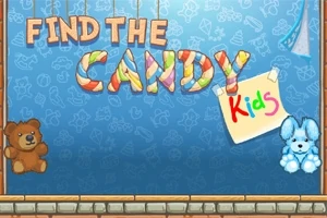 Text colorat „Find the Candy Kids” pe un fundal albastru cu modele și jucării de pluș, un ursuleț maro și un iepuraș albastru