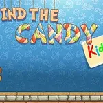 Text colorat „Find the Candy Kids” pe un fundal albastru cu modele și jucării de pluș, un ursuleț maro și un iepuraș albastru