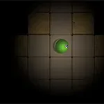 O sferă verde cu un ochi în centru pe un fundal pătat de culoare maro, cu un efect de iluminare întunecat în jur