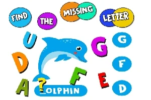 Delfin albastru cu litere colorate și un semn de întrebare ce indică o literă lipsă în cuvântul DOLPHIN
