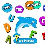 Delfin albastru cu litere colorate și un semn de întrebare ce indică o literă lipsă în cuvântul DOLPHIN
