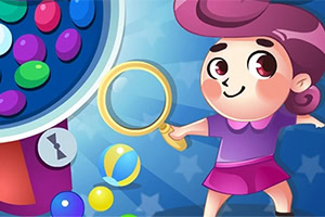 Fată desenată stilizat ținând o lupă lângă o mașină de gumball colorată