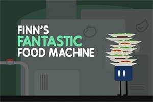 Un personaj cubic cu picioare ține o stivă de farfurii cu mâncare, lângă textul Finns Fantastic Food Machine