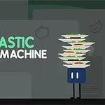 Un personaj cubic cu picioare ține o stivă de farfurii cu mâncare, lângă textul Finns Fantastic Food Machine