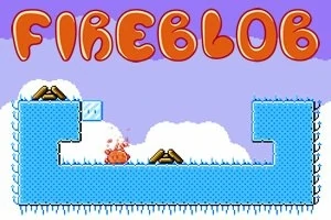 Personaj portocaliu animat pe un fundal albastru cu zăpadă și obstacole de lemn, sub titlul „FIREBLOB” scris cu litere mari