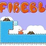 Personaj portocaliu animat pe un fundal albastru cu zăpadă și obstacole de lemn, sub titlul „FIREBLOB” scris cu litere mari